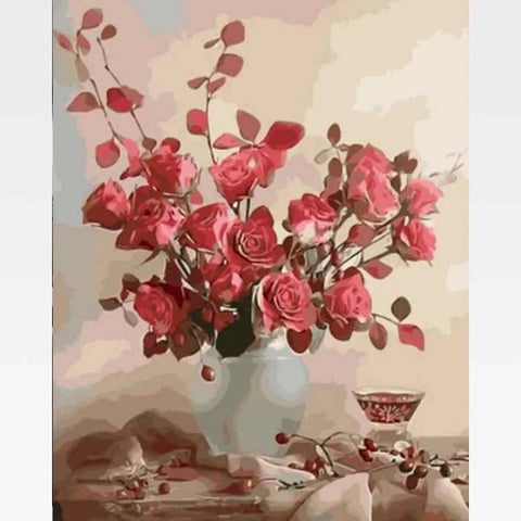 Image of DIY Pink Flowers Paint By Numbers Kit Online - More Pink Roses - Painting By Numbers Kit - Artwerkes