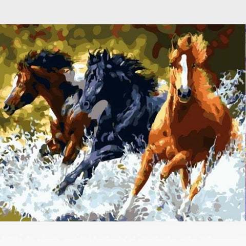 Image of DIY Threes Horses Paint By Numbers Kit Online - Team Budweiser - Painting By Numbers Kit - Artwerkes