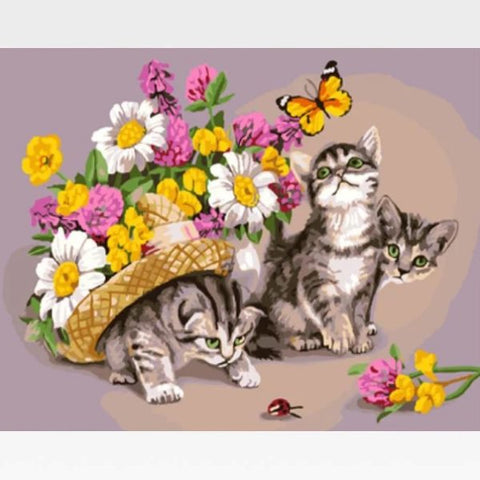Image of Flower Butterfly Ladybug Kittens Paint By Numbers Kit - Painting By Numbers Kit - Artwerkes