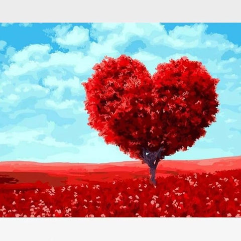 Image of Romantic Red Heart Tree Paint By Numbers Kit - Painting By Numbers Kit - Artwerkes