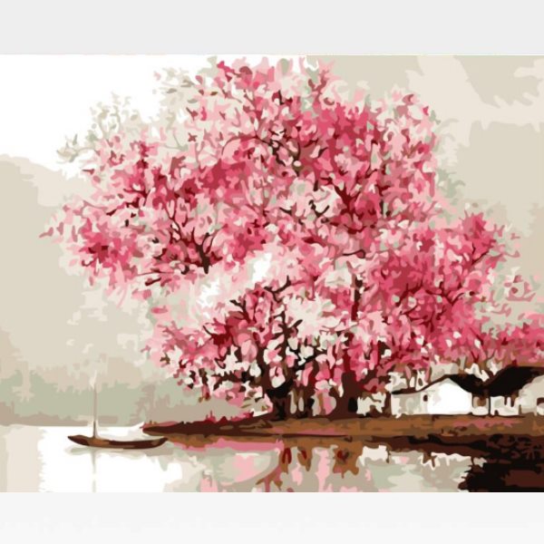 Abstract Pink Flowers Tree Paint By Numbers Kit - Painting By Numbers Kit - Artwerkes 