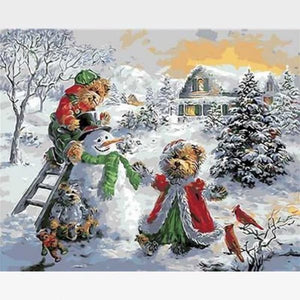 Christmas Paint by Numbers Kit - Snowman and  Bears - Painting By Numbers Kit - Artwerkes 