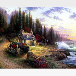 DIY Paint By Numbers Cottage Seascape Kit Online  - Cottage By The Sea - Painting By Numbers Kit - Artwerkes 