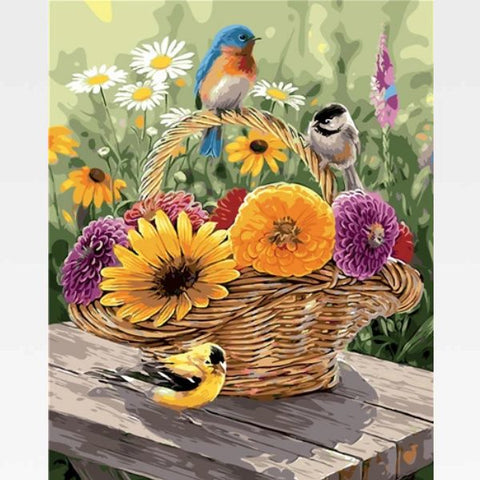 Image of DIY Painting By Numbers Birds Kit Online - Basket Of Flowers - Painting By Numbers Kit - Artwerkes 