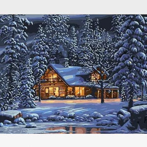 Paint By Numbers Winter Scene  - Winter Cabin - Painting By Numbers Kit - Artwerkes 